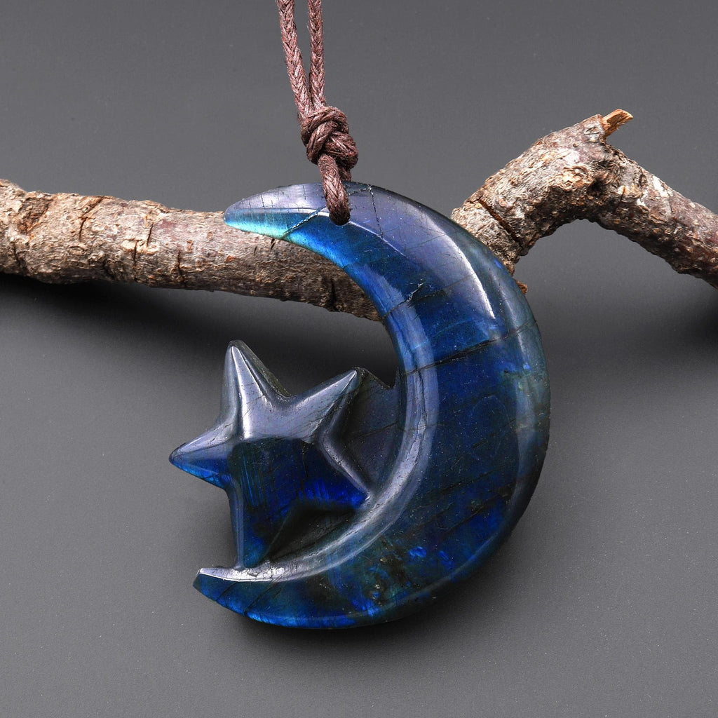 AAA Fiery Hand Carved Natural Labradorite Moon And Star Pendant Gemstone Focal Bead A2