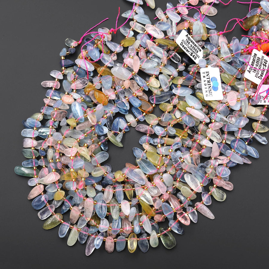 Natural Blue Green Yellow Aquamarine Pink Morganite Freeform Oval Pebble Nugget Beads Side Drilled Gemstone 15.5" Strand