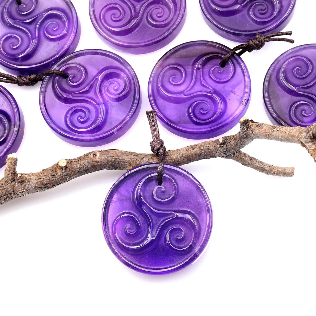 Natural Hand Carved Purple Amethyst Circle Pendant Triskele Triskelion Symbol