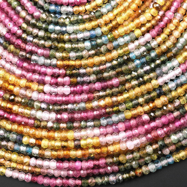 AAA Natural Tourmaline Faceted 3mm Rondelle Beads Yellow Pink Green Blue Golden Yellow Gemstone 15.5" Strand