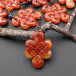 Hand Carved Natural Red Orange Carnelian Infinity Eternal Endless Knot Gemstone Pendant