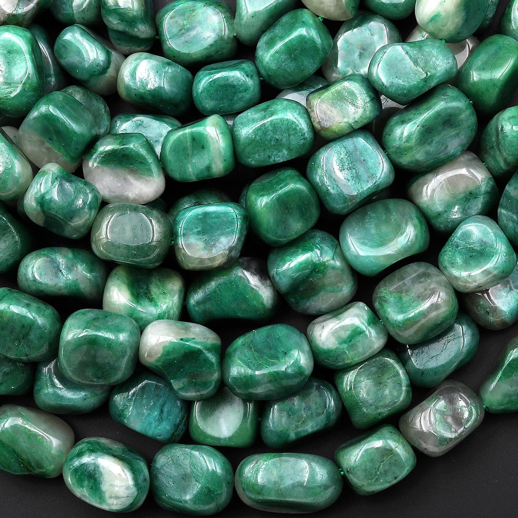 Natural African Green Jade Freeform Pebble Nugget Beads 15.5" Strand
