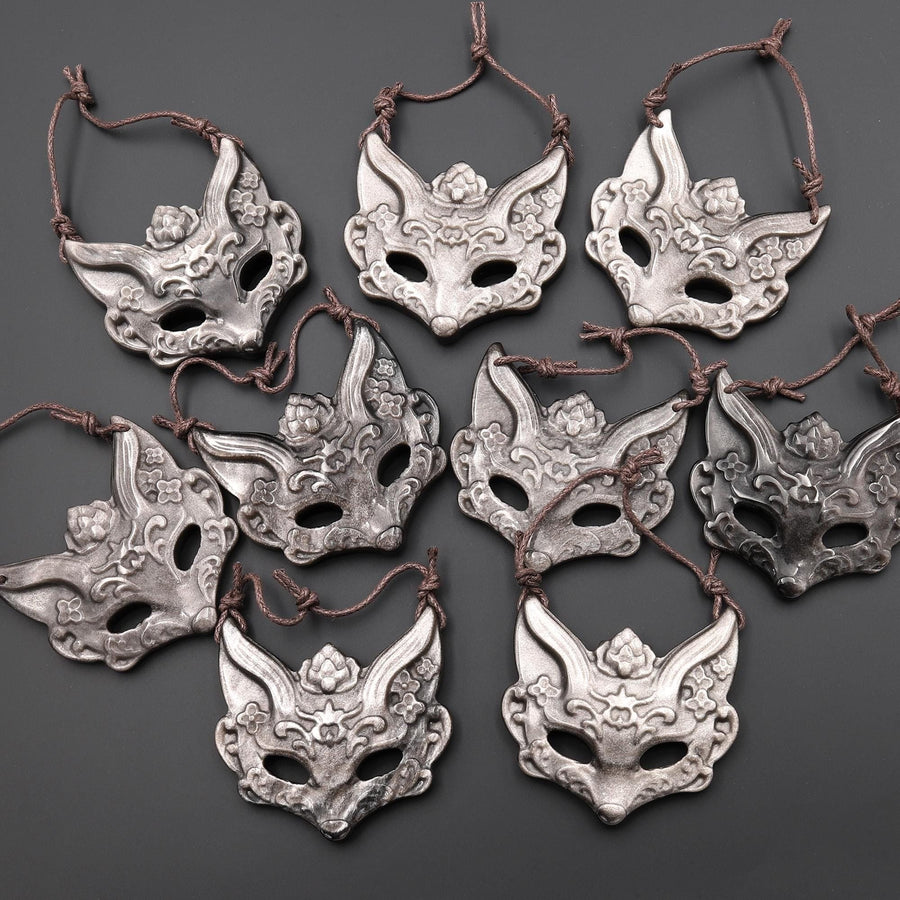 AAA Hand Carved Natural Silver Obsidian Fantasy Like Mysterious Fox Mask 2 Two Hole Pendant Focal Gemstone