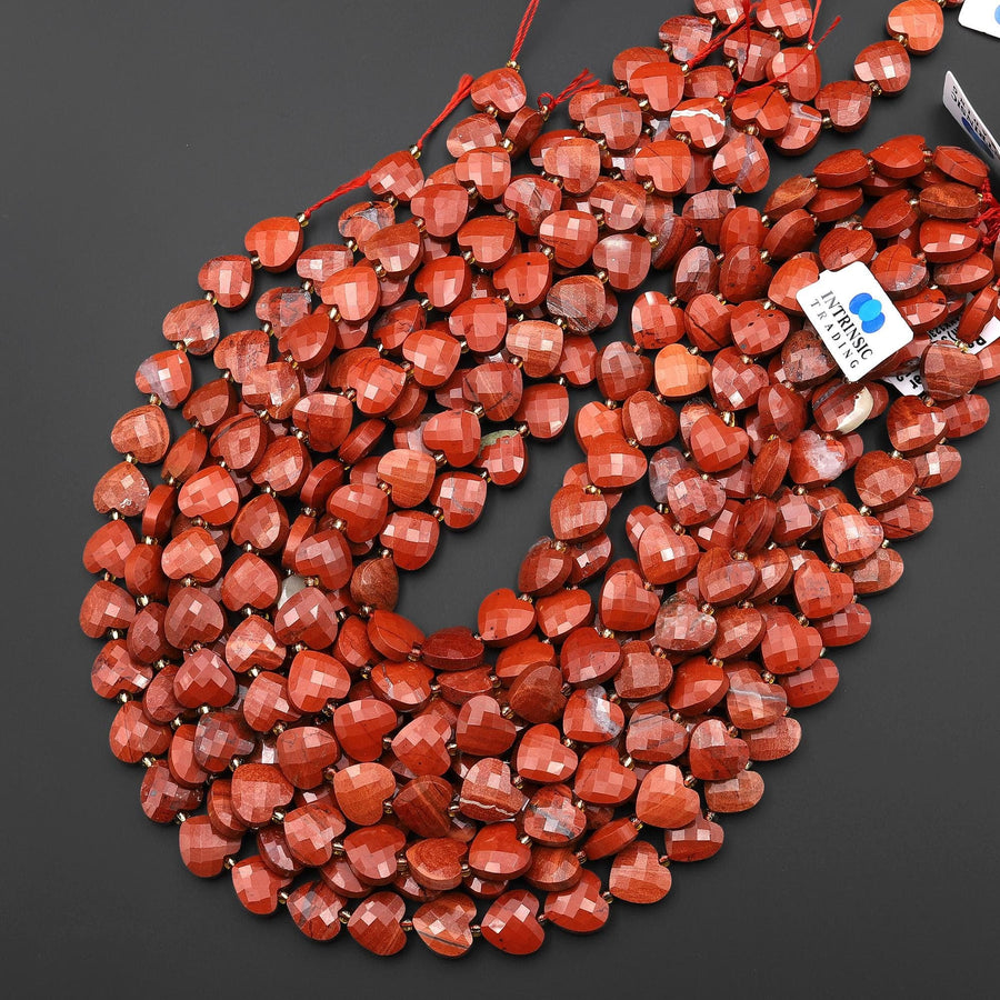 Faceted Natural Red River Jasper Heart Beads 12mm Gemstone 15.5" Strand