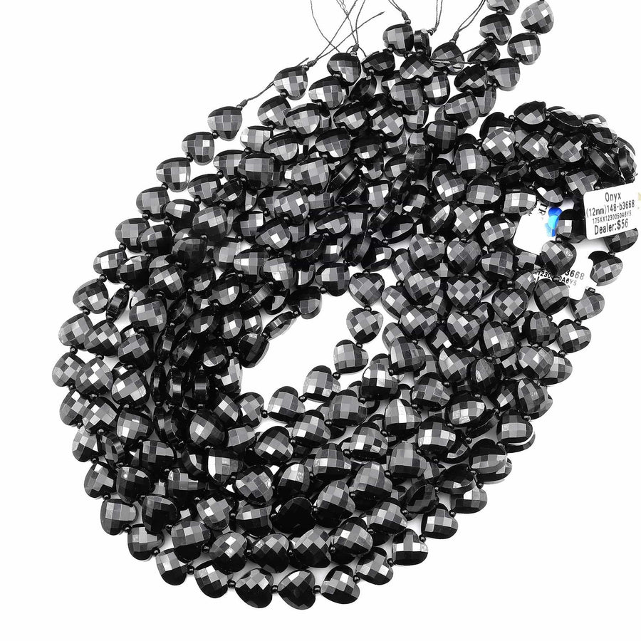 Faceted Natural Black Onyx Faceted Heart Beads 12mm Gemstone 15.5" Strand