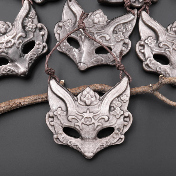 AAA Hand Carved Natural Silver Obsidian Fantasy Like Mysterious Fox Mask 2 Two Hole Pendant Focal Gemstone A1