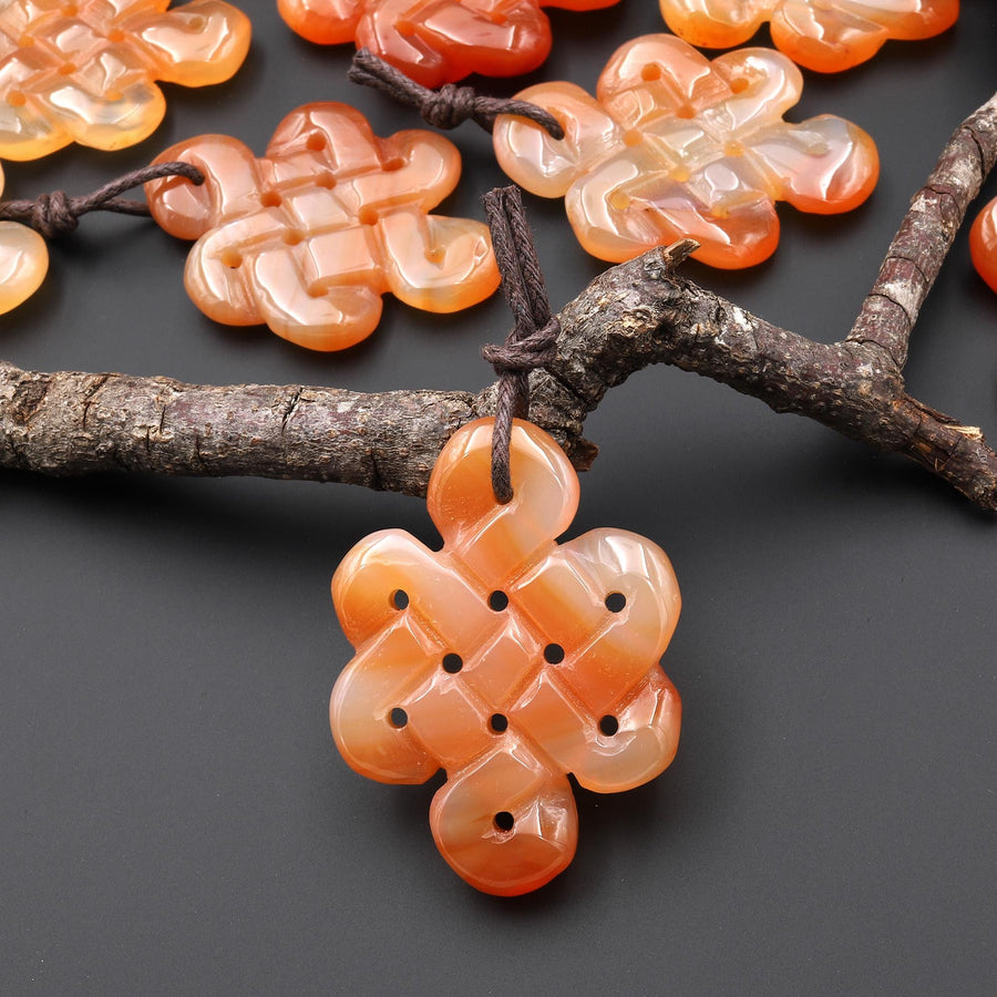 Hand Carved Natural Creamy Orange Carnelian Infinity Eternal Endless Knot Gemstone Pendant A2