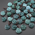 Hand Carved Natural Dark Blue Green Guatemalan Jade Rose Flower Gemstone Pendant