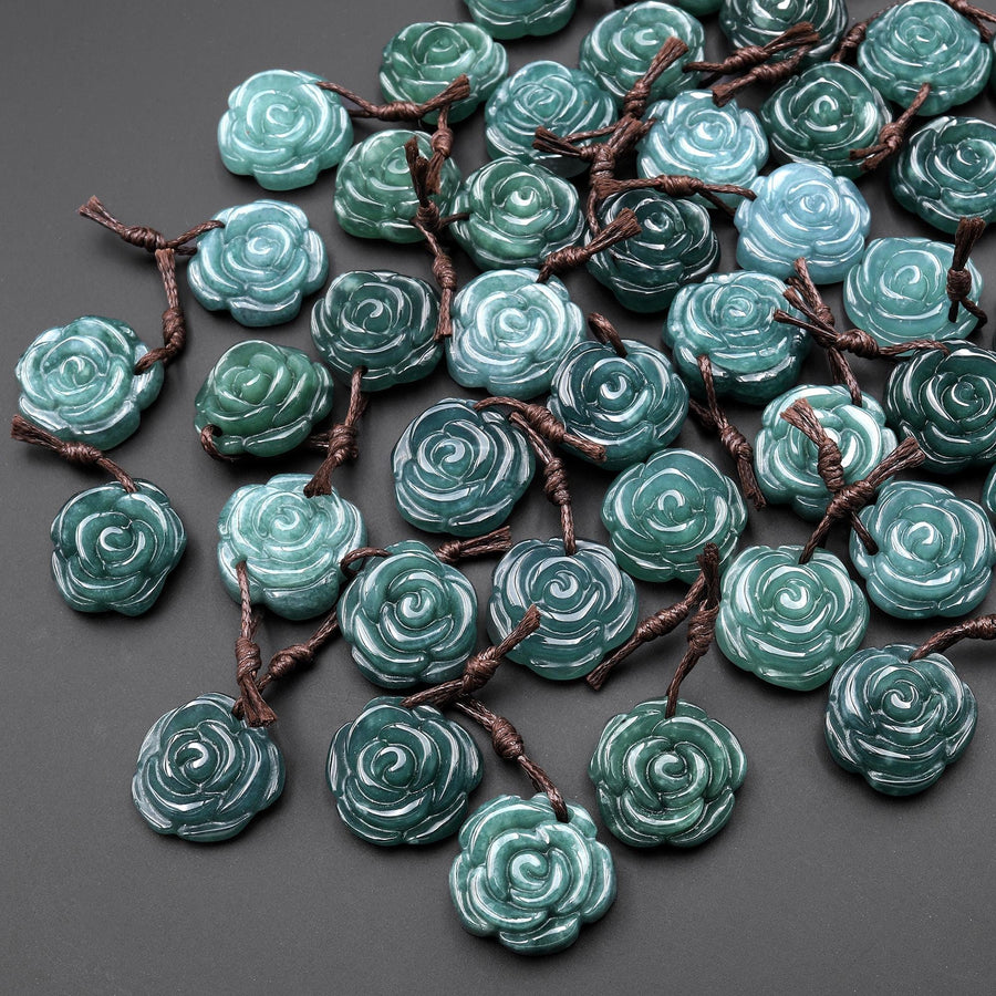 Hand Carved Natural Dark Blue Green Guatemalan Jade Rose Flower Gemstone Pendant