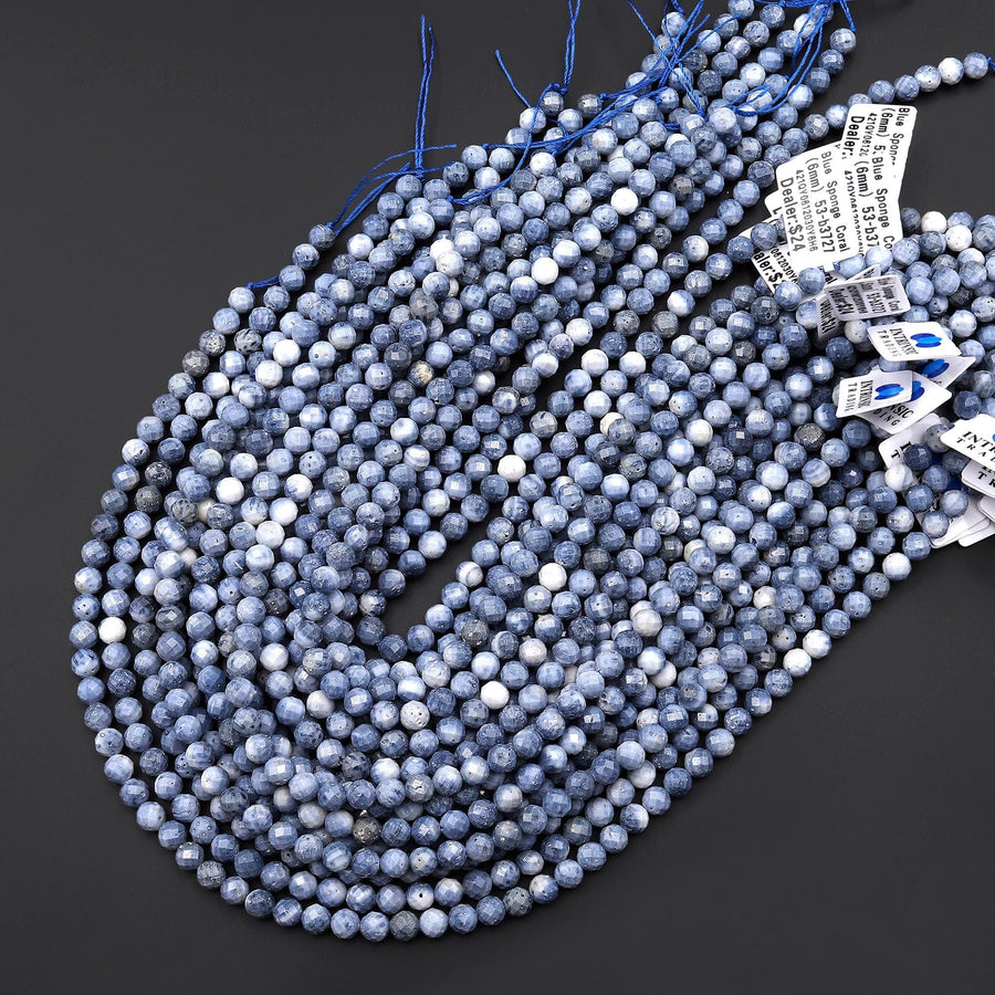 Faceted Genuine Natural Light Denim Blue Sponge Coral 6mm Round Beads 15.5" Strand