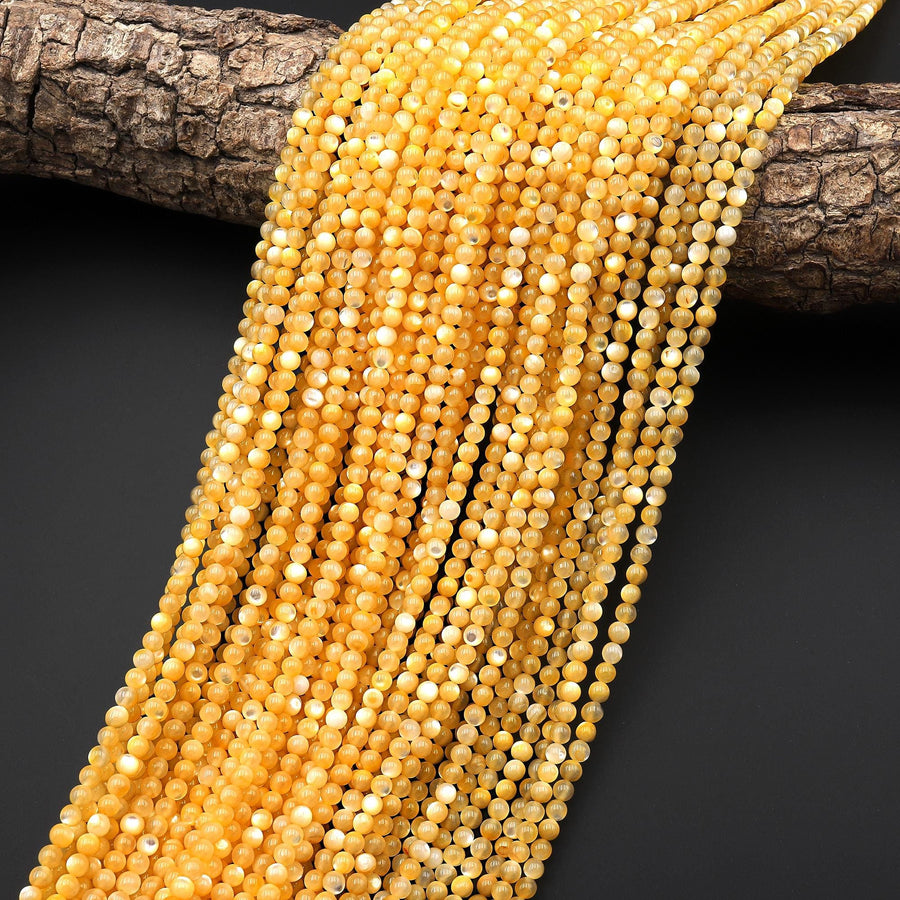AAA Natural Golden Mother of Pearl 2mm 3mm Smooth Round Beads Iridescent Shell 15.5" Strand