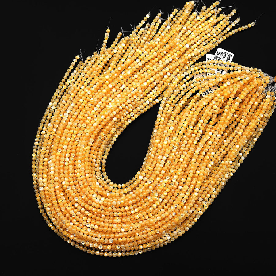 AAA Natural Golden Mother of Pearl 2mm 3mm Smooth Round Beads Iridescent Shell 15.5" Strand
