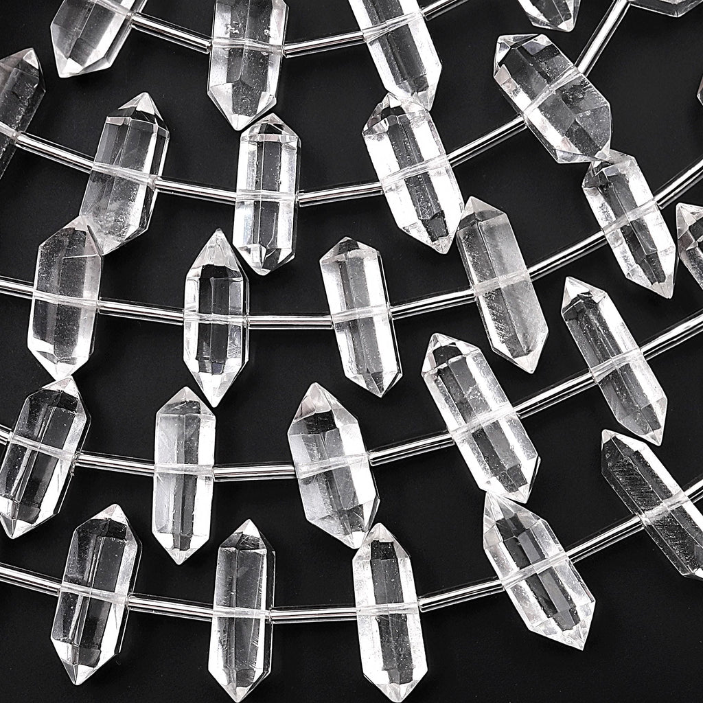 AAA Hand Cut Natural Rock Crystal Quartz 18mm Beads Faceted Double Terminated Points Center Drilled Healing Gemstone 8" Strand