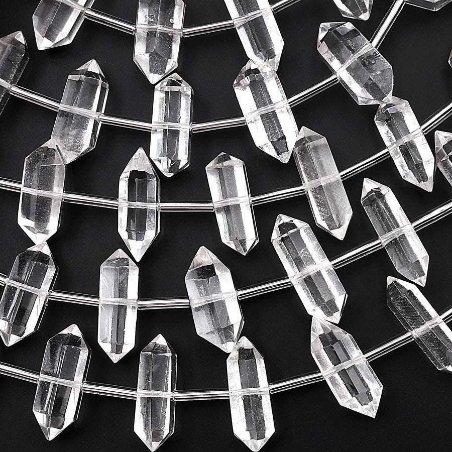 AAA Hand Cut Natural Rock Crystal Quartz 18mm Beads Faceted Double Terminated Points Center Drilled Healing Gemstone 8" Strand