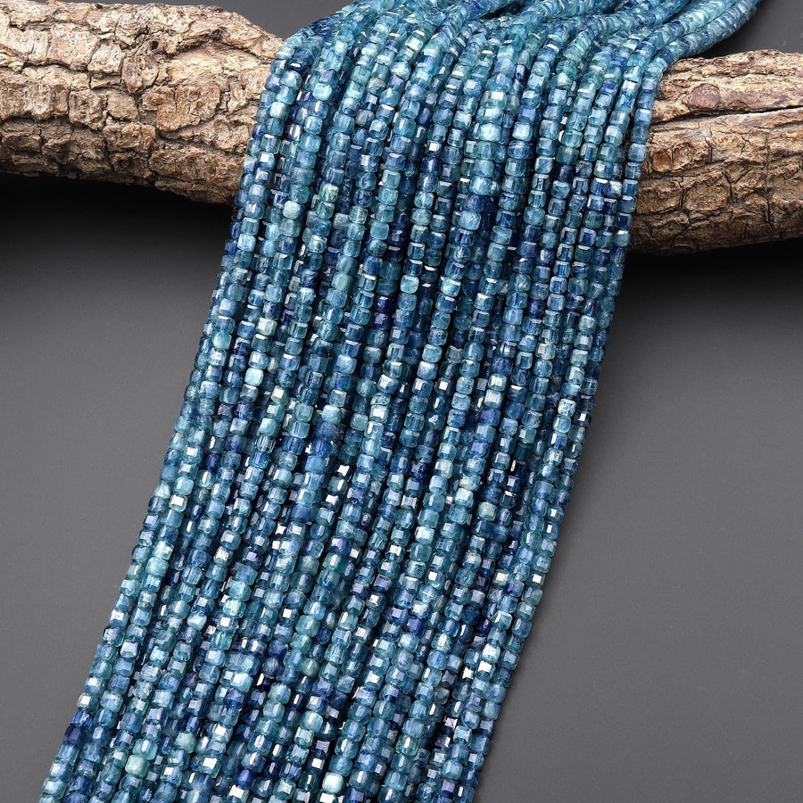 AAA Rare Faceted Natural Bicolor Blue Green Kyanite 2mm 3mm Cube Square Gemstone Beads 15.5" Strand