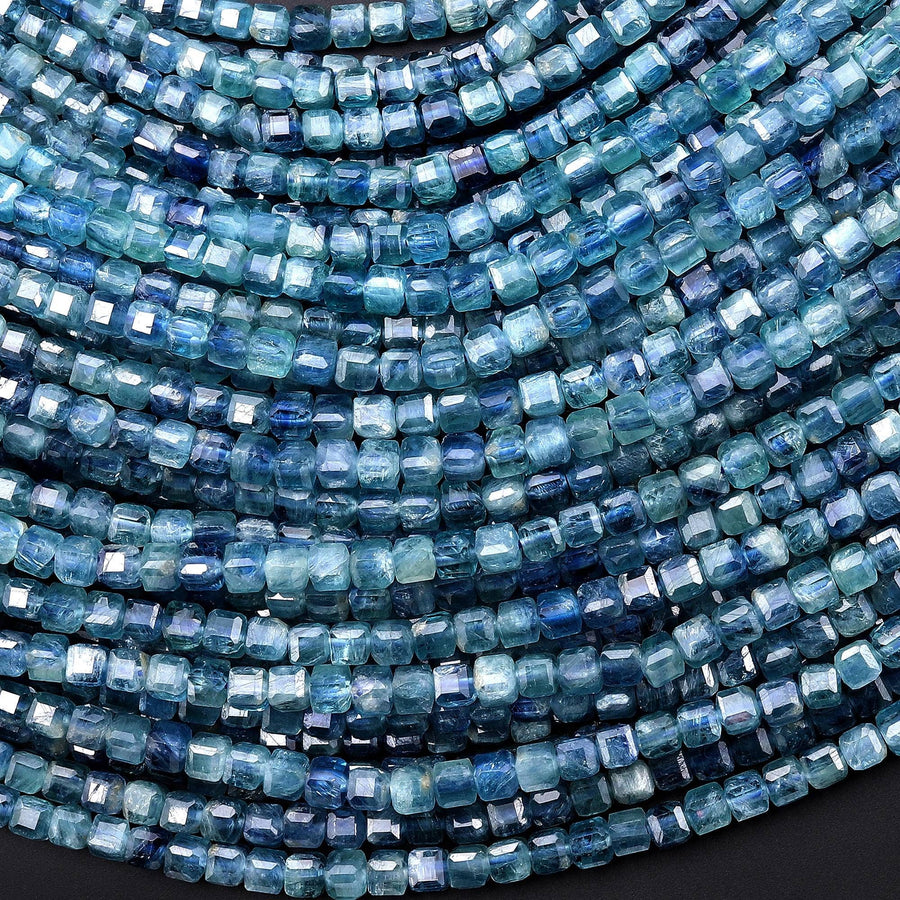 AAA Rare Faceted Natural Bicolor Blue Green Kyanite 2mm 3mm Cube Square Gemstone Beads 15.5" Strand