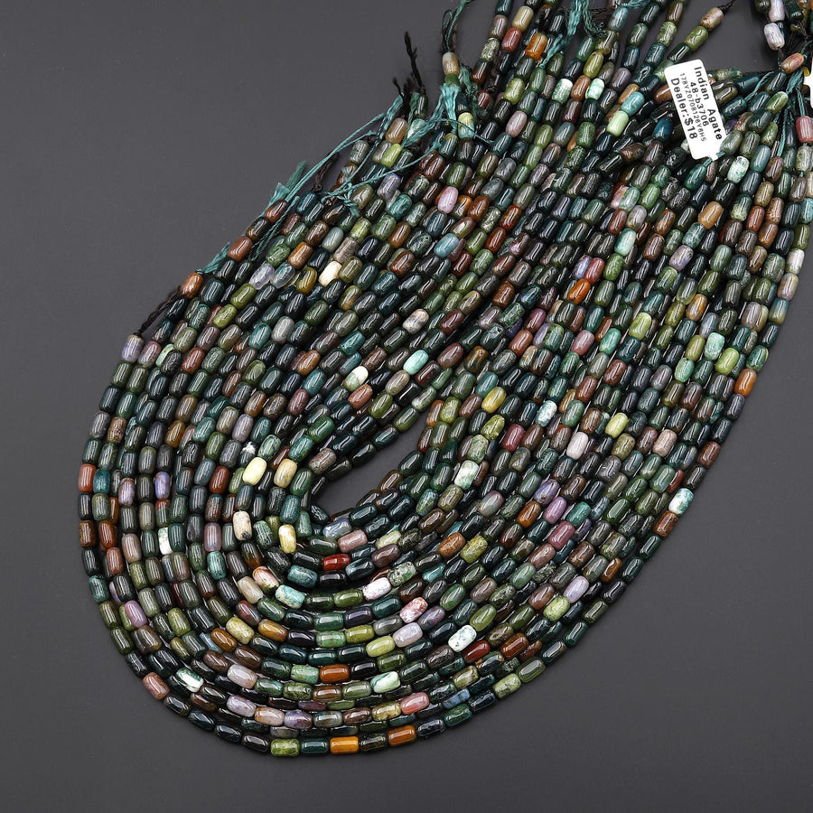 Natural Indian Agate 7x4mm Rice Barrel Tube Beads Aka Green Red Bloodstone 15" Strand