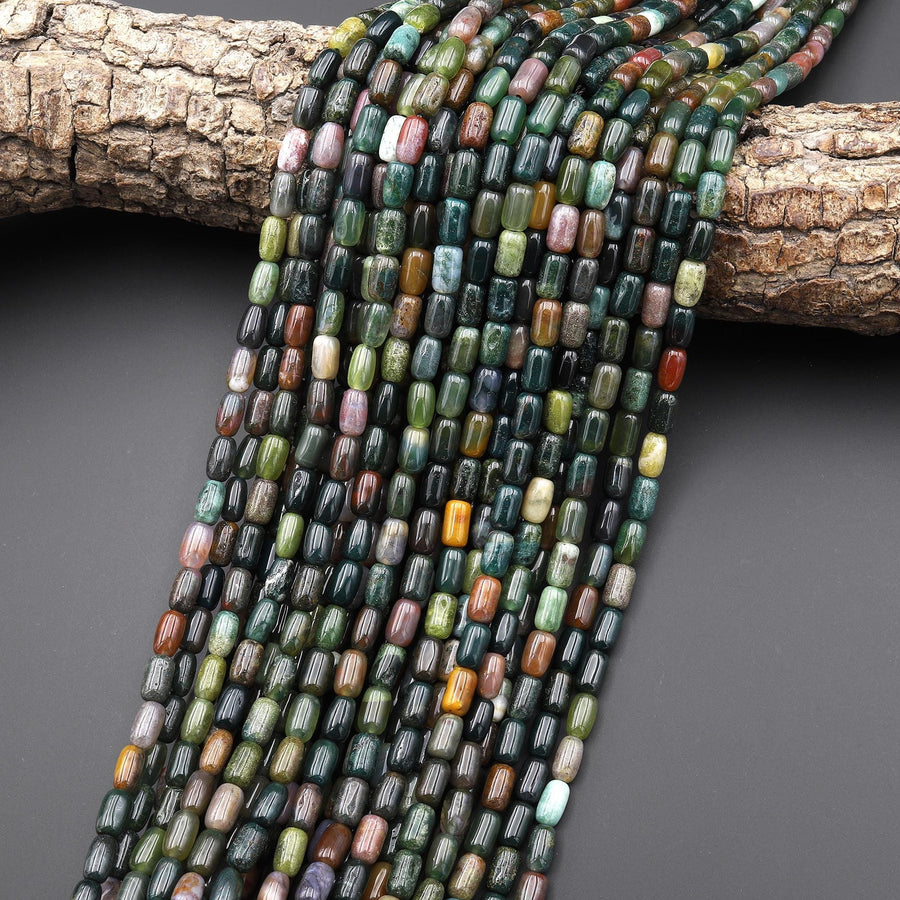 Natural Indian Agate 7x4mm Rice Barrel Tube Beads Aka Green Red Bloodstone 15" Strand