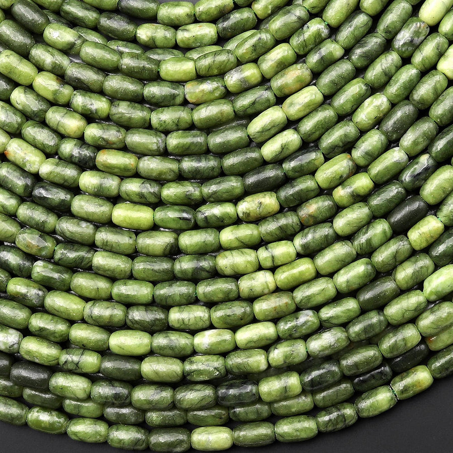 Natural Green Serpentine Jade 7x4mm Rice Barrel Beads 15" Strand