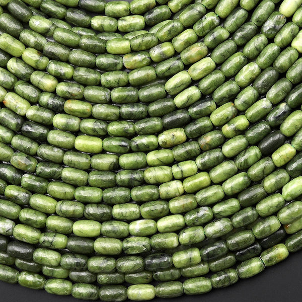 Natural Green Serpentine Jade 7x4mm Rice Barrel Beads 15" Strand