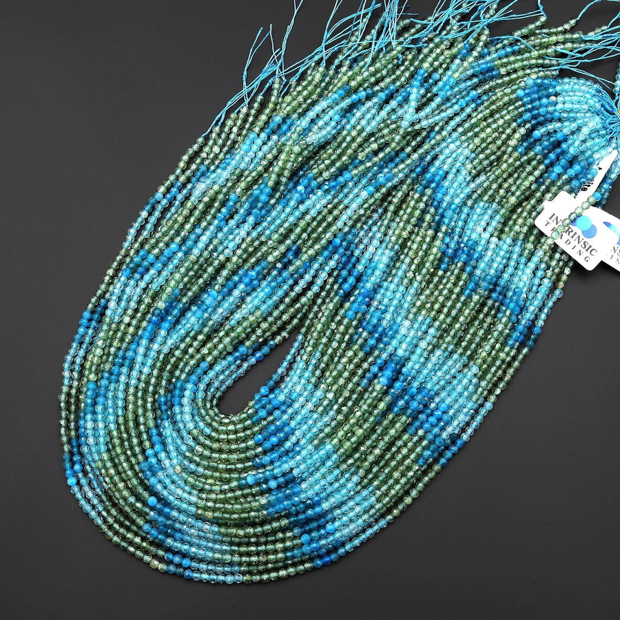 AAA Natural Teal Blue Green Apatite 3mm Faceted Round Beads Ombre Gemstone 15.5" Strand