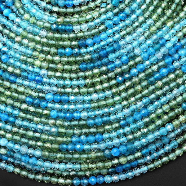 AAA Natural Teal Blue Green Apatite 3mm Faceted Round Beads Ombre Gemstone 15.5" Strand