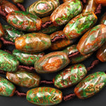 Tibetan Dragon Agate Barrel Drum Short Cylinder 24x13mm Beads Forest Green Golden Brown 12.5" Strand