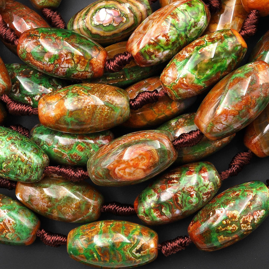 Tibetan Dragon Agate Barrel Drum Short Cylinder 24x13mm Beads Forest Green Golden Brown 12.5" Strand