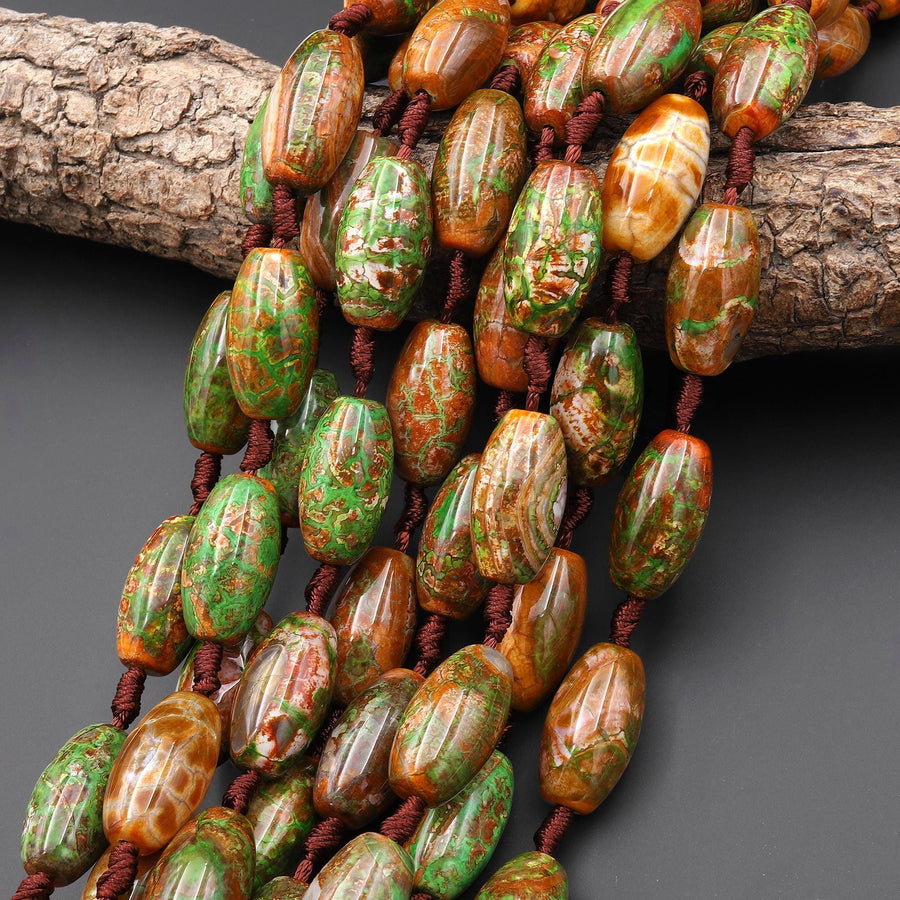 Tibetan Dragon Agate Barrel Drum Short Cylinder 24x13mm Beads Forest Green Golden Brown 12.5" Strand