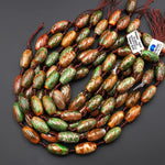 Tibetan Dragon Agate Barrel Drum Short Cylinder 24x13mm Beads Forest Green Golden Brown 12.5" Strand