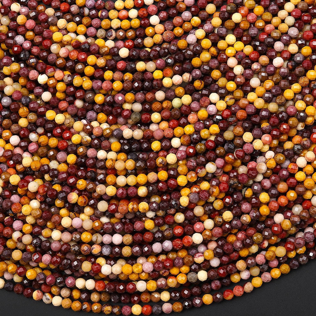 Faceted Natural Australian Mookaite Jasper Beads 2mm Round Sunset Colors Red Yellow Maroon 15.5" Strand