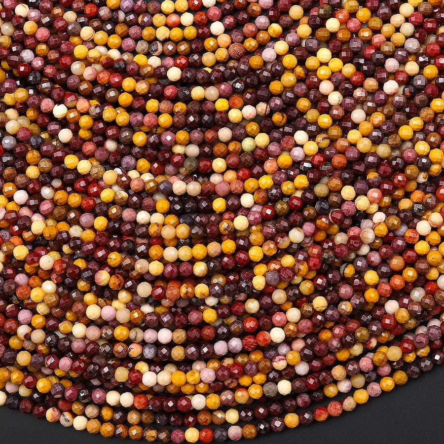 Faceted Natural Australian Mookaite Jasper Beads 2mm Round Sunset Colors Red Yellow Maroon 15.5" Strand