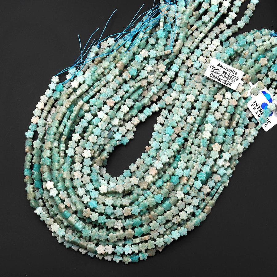 Natural Aqua Blue Green Amazonite Cherry Blossom Flower Beads 6mm Carved Gemstone 15.5" Strand