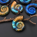 AAA Hand Carved Natural Blue Green Golden Orange Labradorite Ammonite Pendant Side Drilled Gemstone Focal Bead