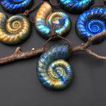 AAA Hand Carved Natural Blue Green Golden Orange Labradorite Ammonite Pendant Side Drilled Gemstone Focal Bead