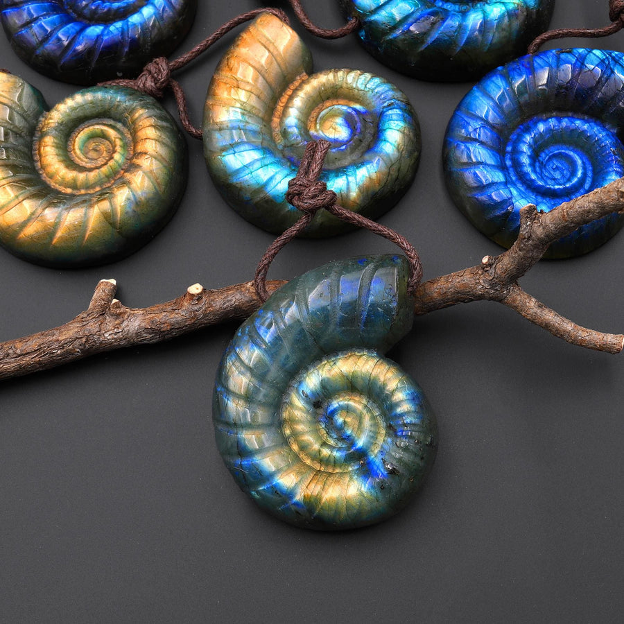 AAA Hand Carved Natural Blue Green Golden Orange Labradorite Ammonite Pendant Side Drilled Gemstone Focal Bead
