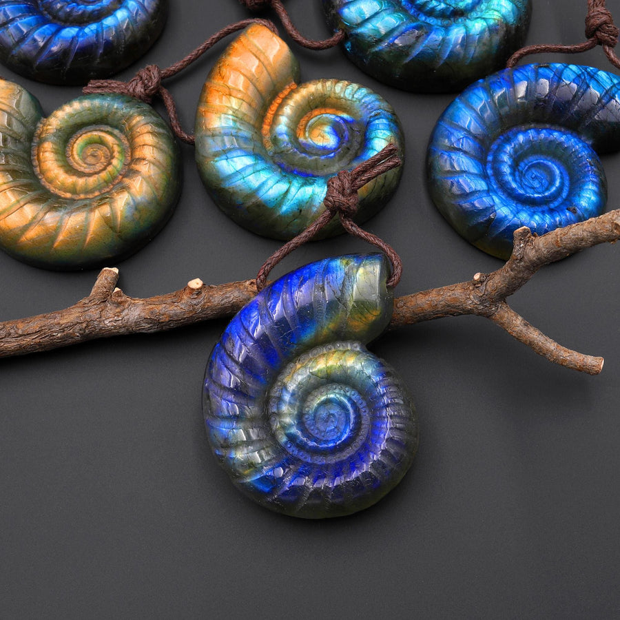 AAA Hand Carved Natural Blue Green Golden Orange Labradorite Ammonite Pendant Side Drilled Gemstone Focal Bead