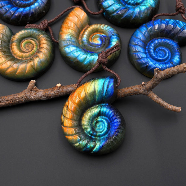 AAA Hand Carved Natural Blue Green Golden Orange Labradorite Ammonite Pendant Side Drilled Gemstone Focal Bead