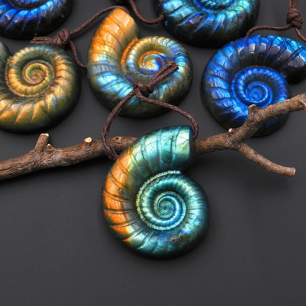 AAA Hand Carved Natural Blue Green Golden Orange Labradorite Ammonite Pendant Gemstone Focal Bead A2