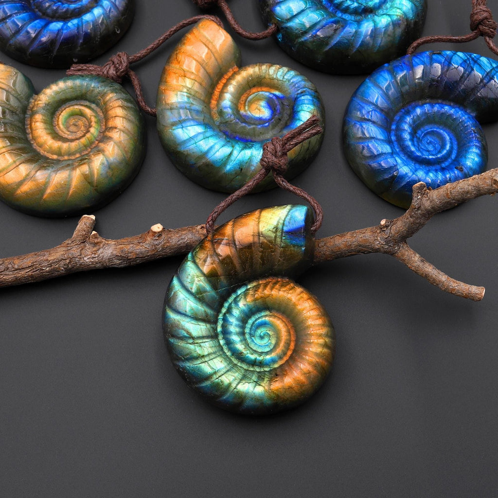 AAA Hand Carved Natural Blue Green Golden Orange Labradorite Ammonite Pendant Gemstone Focal Bead A3