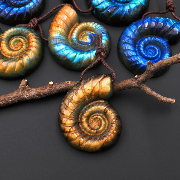 AAA Hand Carved Natural Blue Green Golden Orange Labradorite Ammonite Pendant Gemstone Focal Bead A4