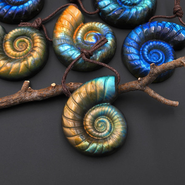 AAA Hand Carved Natural Blue Green Golden Orange Labradorite Ammonite Pendant Gemstone Focal Bead A9