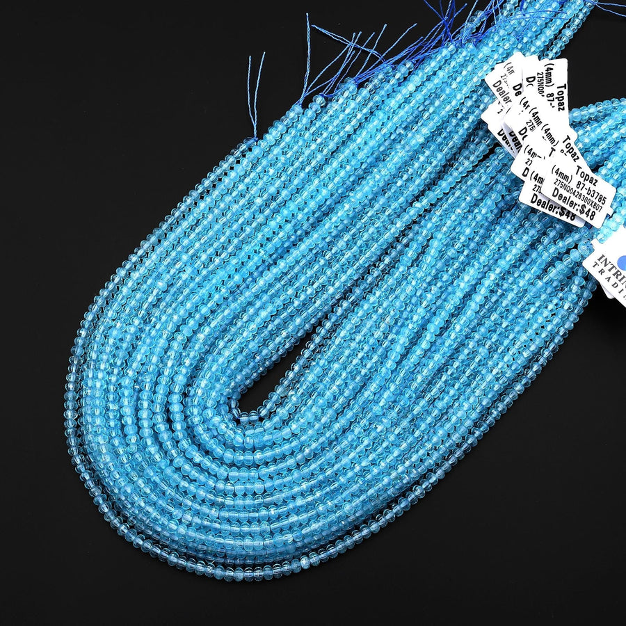 AAA Swiss Blue Topaz 4mm Faceted Lantern Rondelle Beads Laser Diamond Cut Real Genuine Topaz Gemstone 15.5" Strand