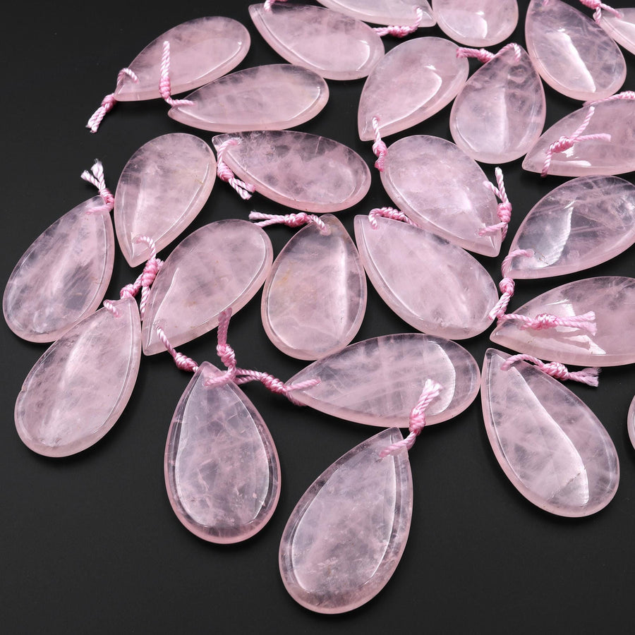 AAA Natural Pink Rose Quartz Oblong Teardrop Pendant Gemstone Crystal Focal Bead