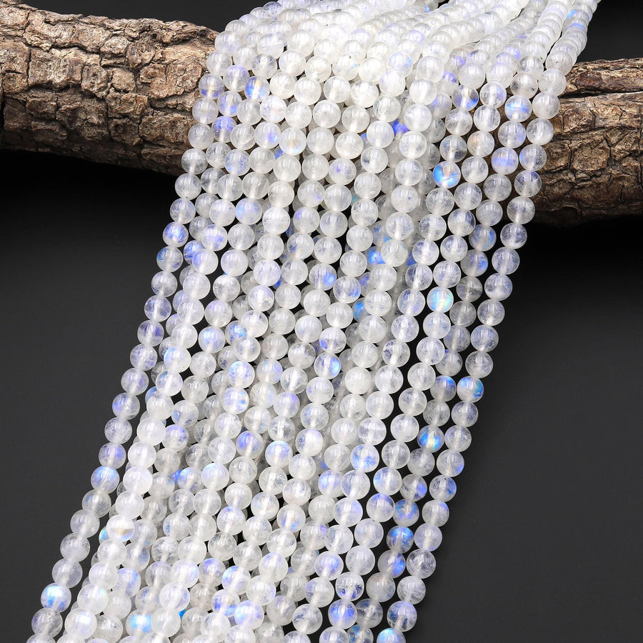 AAA Translucent Natural Rainbow Moonstone Round Beads 4mm 6mm 8mm Blue Flashes Gemstone 15.5" Strand
