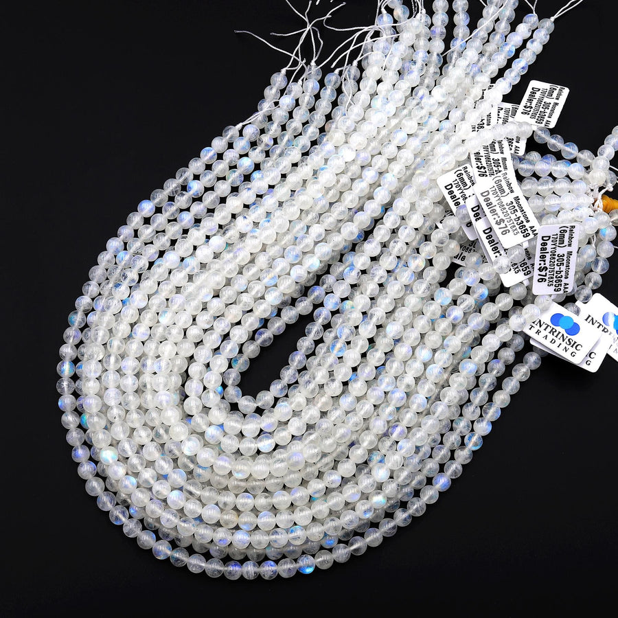 AAA Translucent Natural Rainbow Moonstone Round Beads 4mm 6mm 8mm Blue Flashes Gemstone 15.5" Strand