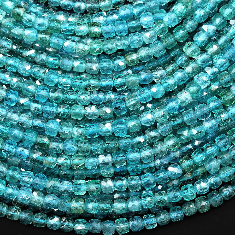 AAA Natural Blue Green Apatite Faceted 4mm Cube Beads Gemstone Dice 15.5" Strand