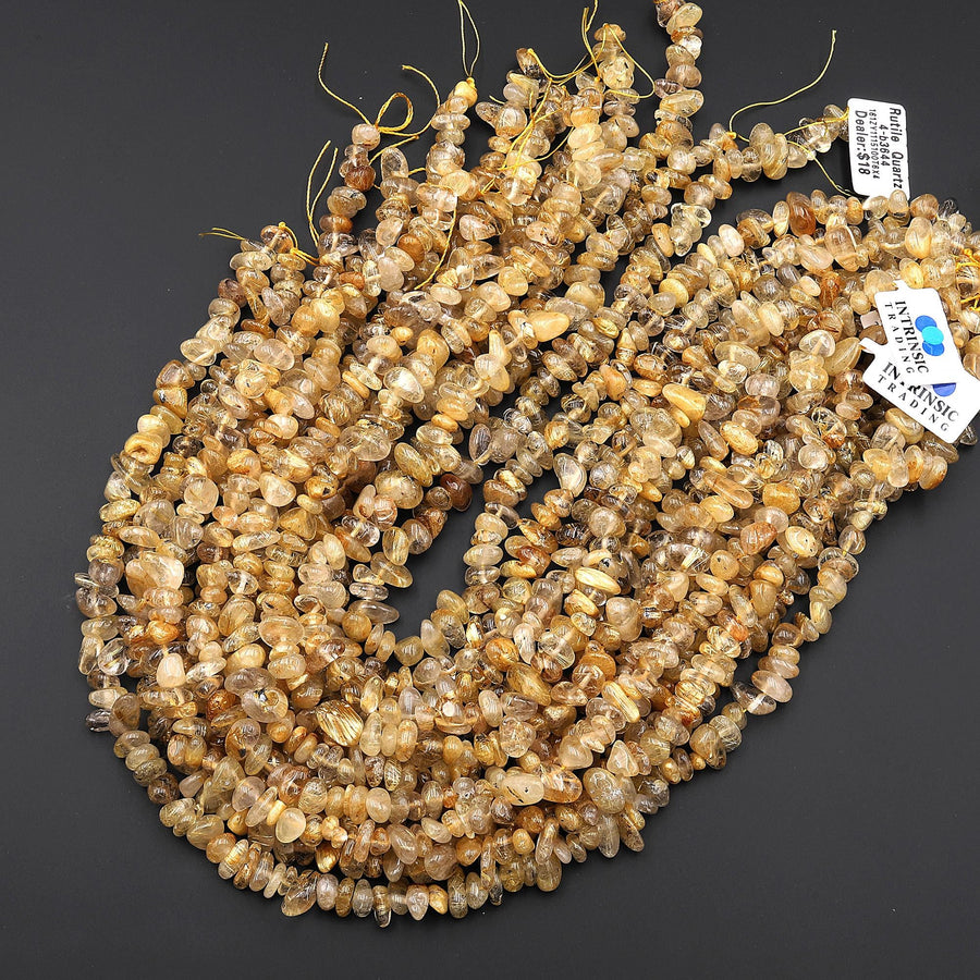 Natural Golden Rutilated Quartz Freeform Center Drilled Chip Rondelle Beads 15.5" Strand