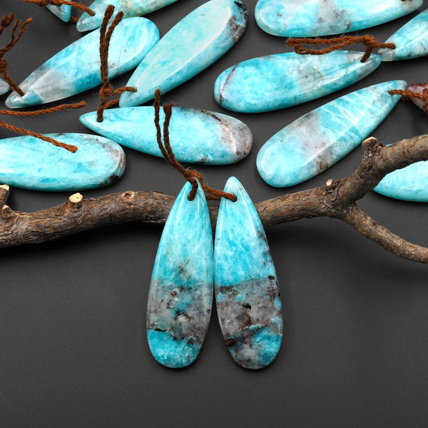 Natural Madagascar Blue Amazonite w Quartz Matrix Teardrop Earring Drilled Matched Gemstone Bead Pair A1