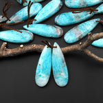Natural Madagascar Blue Amazonite w Quartz Matrix Teardrop Earring Drilled Matched Gemstone Bead Pair
